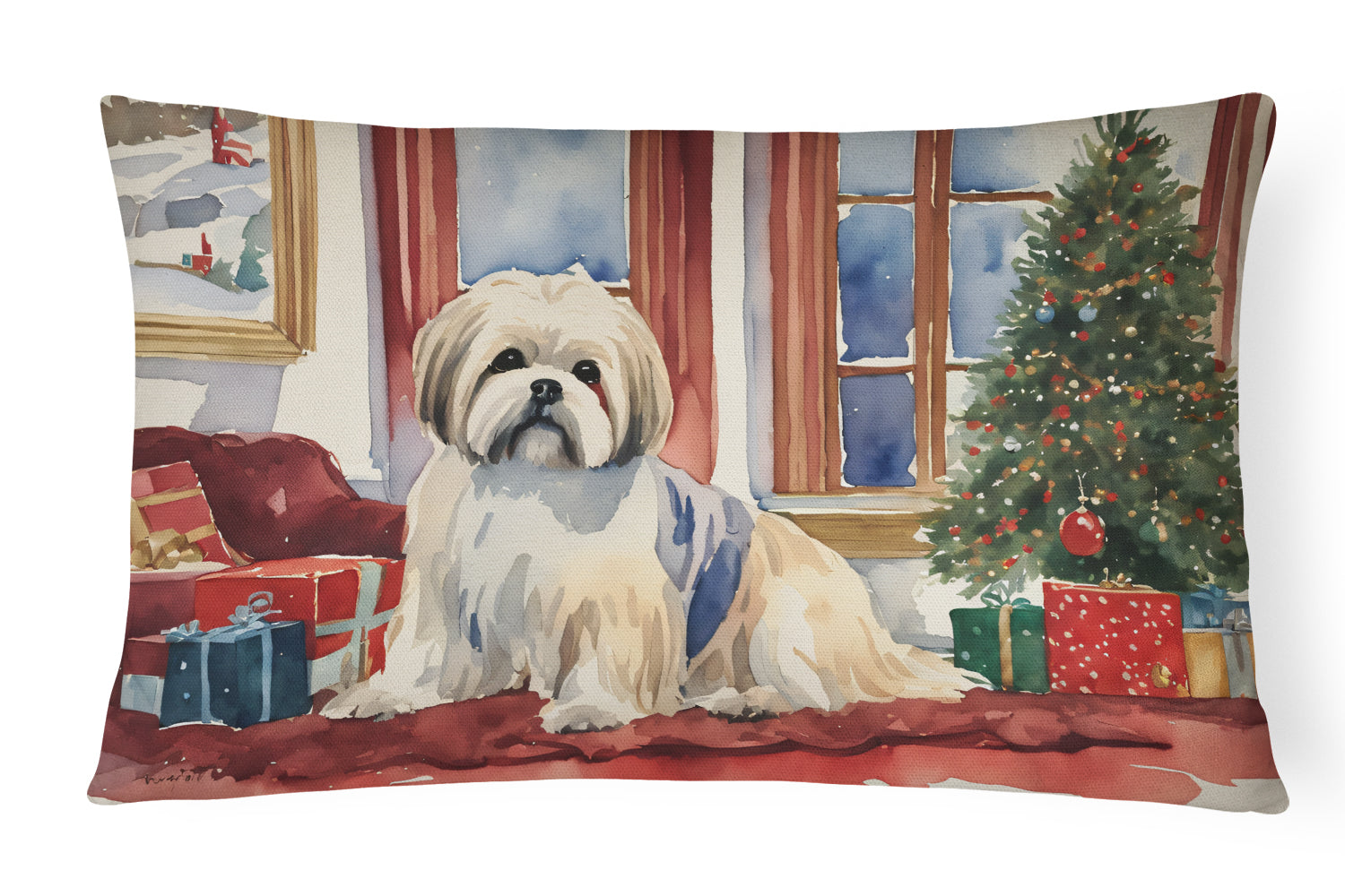Lhasa Apso Cozy Christmas Decorative Throw Pillow 12x16 Indoor Outdoor Accent Cushion, Fabric Cover with Insert for Sofa, Bed, Porch & Living Room
