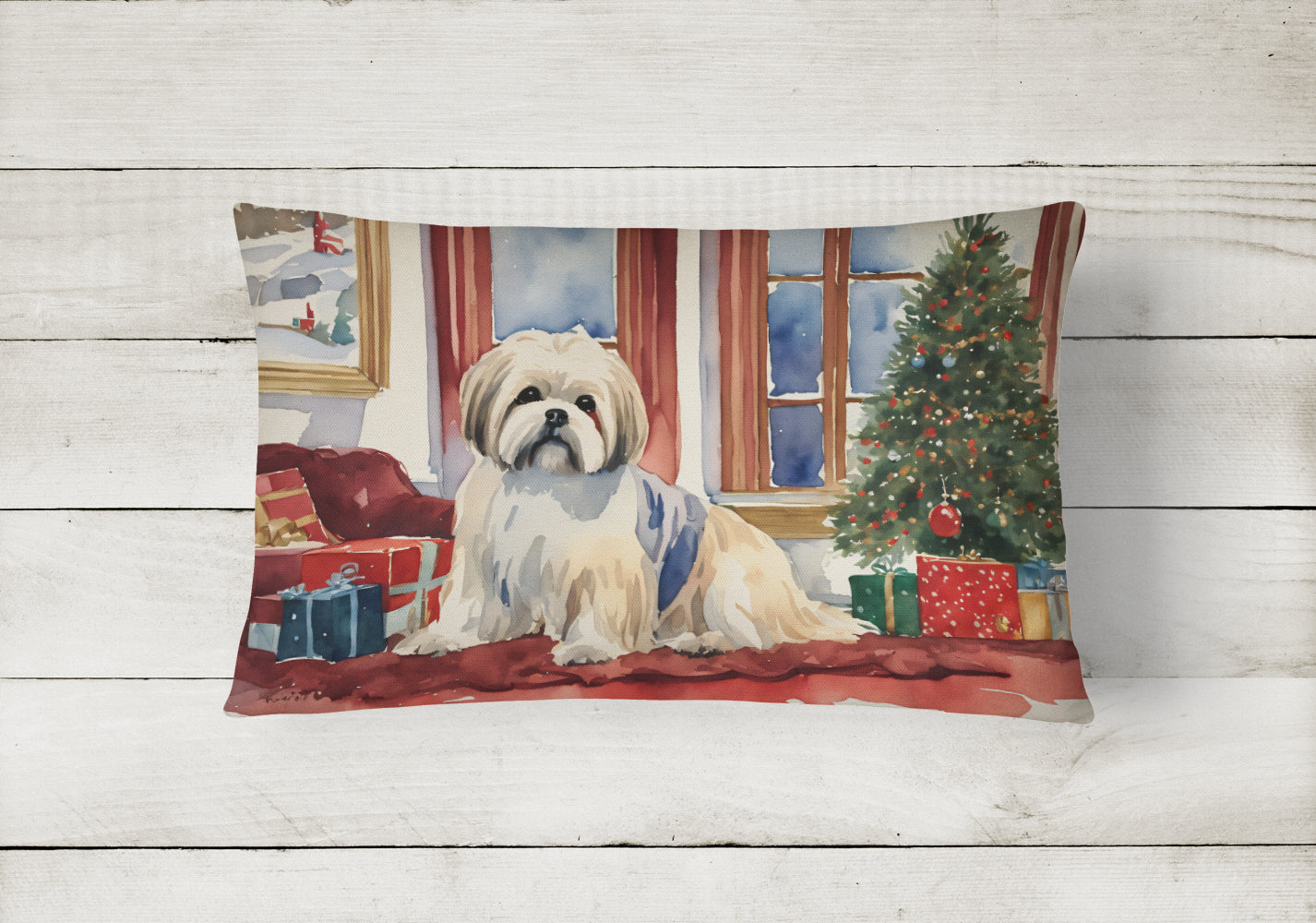 Lhasa Apso Cozy Christmas Decorative Throw Pillow 12x16 Indoor Outdoor Accent Cushion, Fabric Cover with Insert for Sofa, Bed, Porch & Living Room