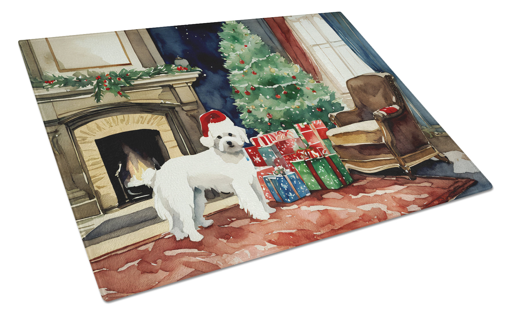 Maltese Cozy Christmas Cutting Board Tempered Glass Kitchen Cutting Surface, Heat Resistant Chopping, Non-Slip Feet, Food Prep & Serving