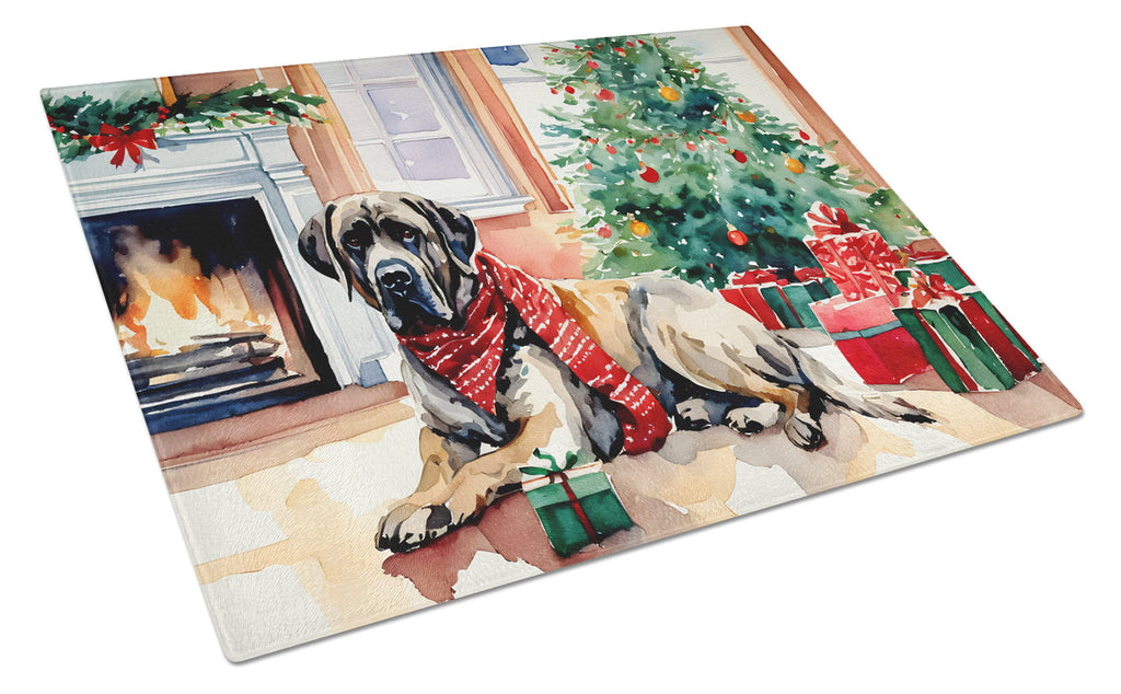 Mastiff Cozy Christmas Cutting Board Tempered Glass Kitchen Cutting Surface, Heat Resistant Chopping, Non-Slip Feet, Food Prep & Serving
