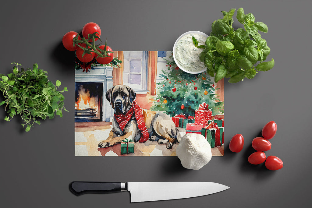 Mastiff Cozy Christmas Cutting Board Tempered Glass Kitchen Cutting Surface, Heat Resistant Chopping, Non-Slip Feet, Food Prep & Serving
