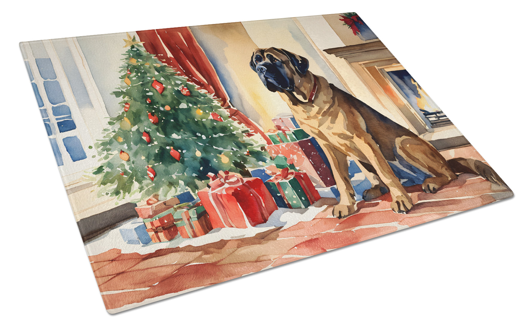 Mastiff Cozy Christmas Cutting Board Tempered Glass Kitchen Cutting Surface, Heat Resistant Chopping, Non-Slip Feet, Food Prep & Serving