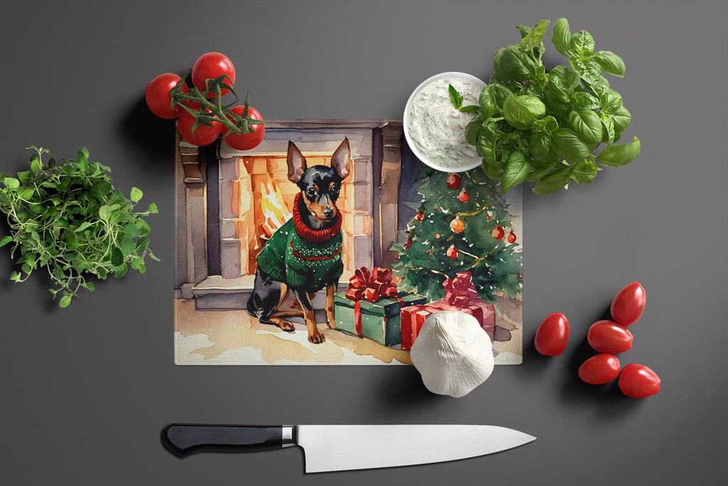 Miniature Pinscher Cozy Christmas Cutting Board Tempered Glass Kitchen Cutting Surface, Heat Resistant Chopping, Non-Slip Feet, Food Prep & Serving