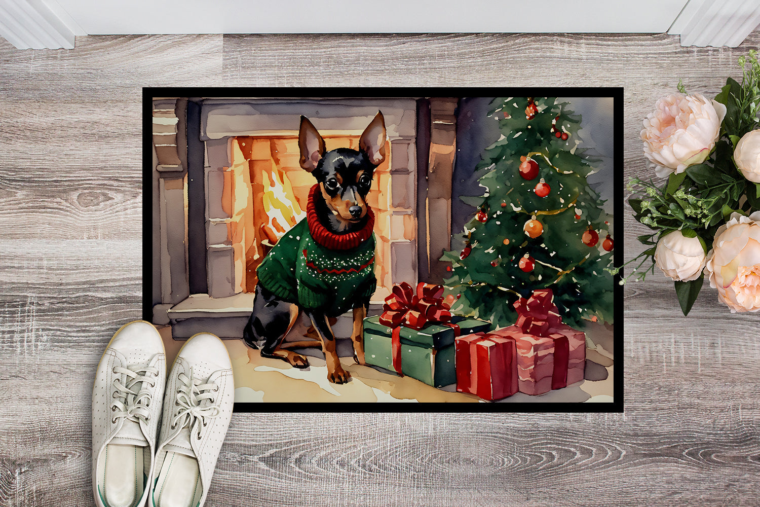 Miniature Pinscher Cozy Christmas Doormat Indoor Outdoor 18H X 27W Front Door Mat Rugs for Entryway, Non Slip Washable