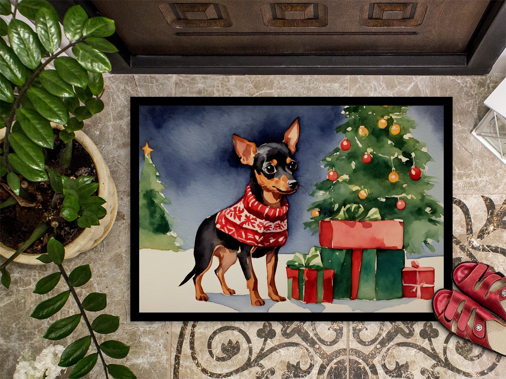 Miniature Pinscher Cozy Christmas Doormat Indoor Outdoor 24H X 36W Front Door Mat Rugs for Entryway, Non Slip Washable Low Pile,