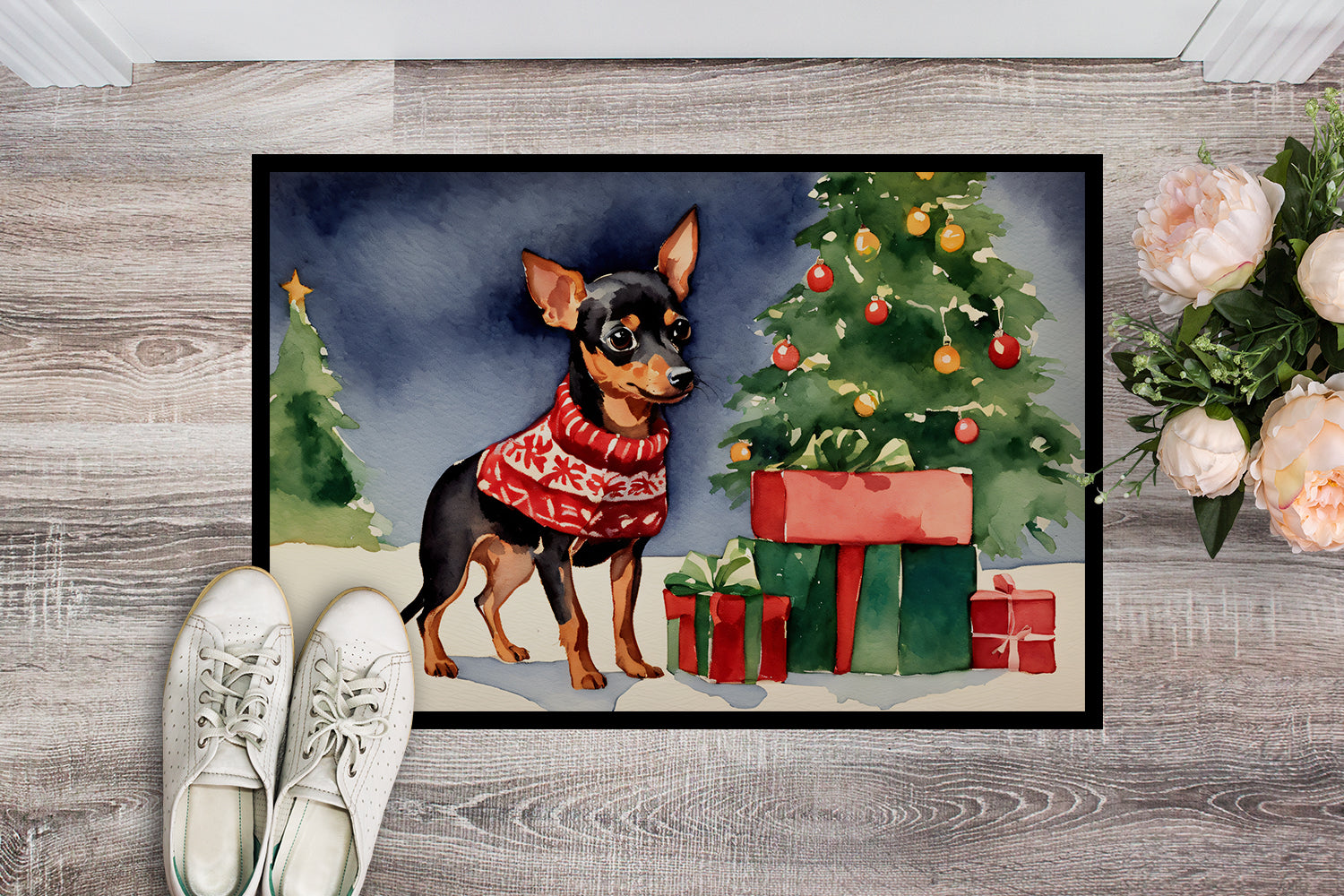 Miniature Pinscher Cozy Christmas Doormat Indoor Outdoor 18H X 27W Front Door Mat Rugs for Entryway, Non Slip Washable