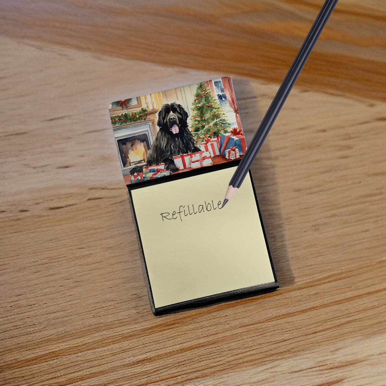 Newfoundland Cozy Christmas Watercolor Sticky Note Holder Refillable Dispenser Desk Accessory 3x3 Pad Gift