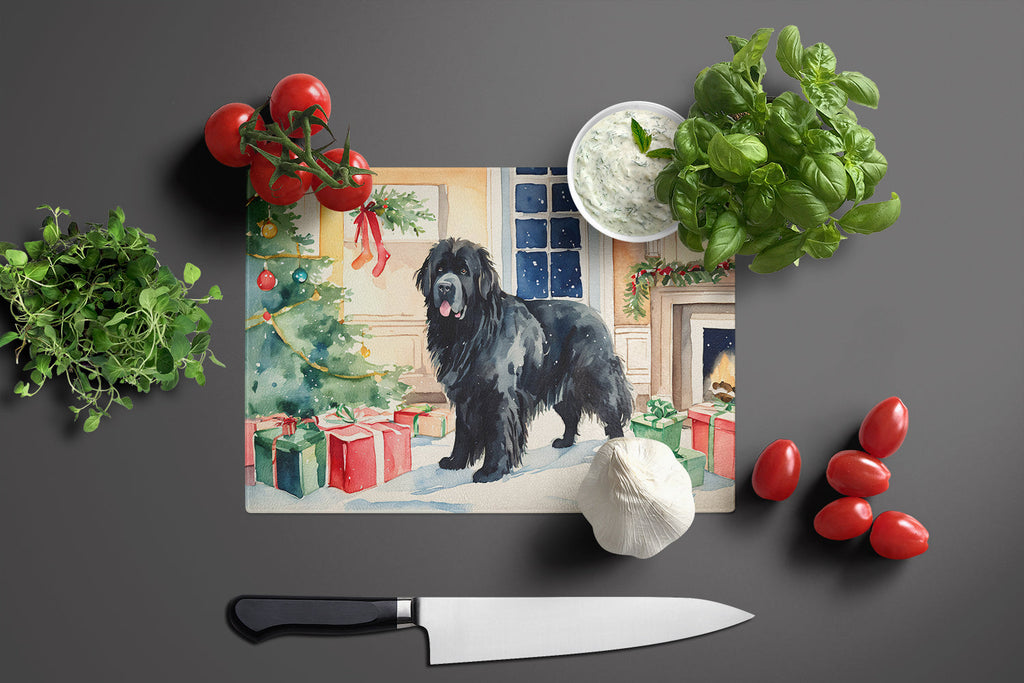 Newfoundland Cozy Christmas Cutting Board Tempered Glass Kitchen Cutting Surface, Heat Resistant Chopping, Non-Slip Feet, Food Prep & Serving