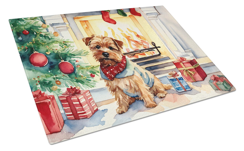 Norfolk Terrier Cozy Christmas Cutting Board Tempered Glass Kitchen Cutting Surface, Heat Resistant Chopping, Non-Slip Feet, Food Prep & Serving