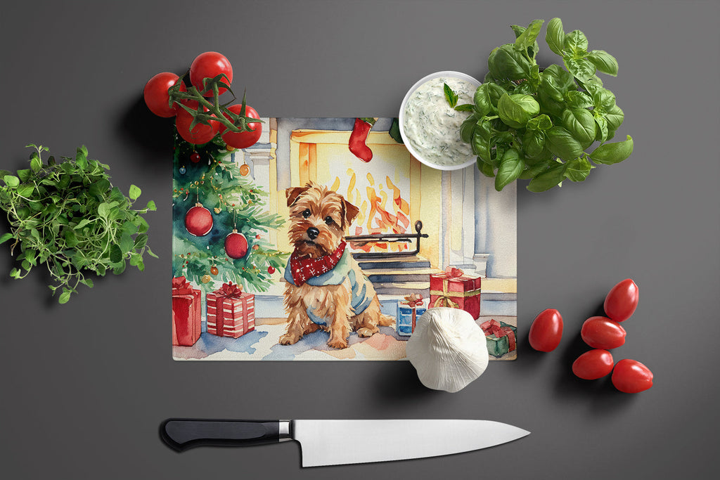 Norfolk Terrier Cozy Christmas Cutting Board Tempered Glass Kitchen Cutting Surface, Heat Resistant Chopping, Non-Slip Feet, Food Prep & Serving
