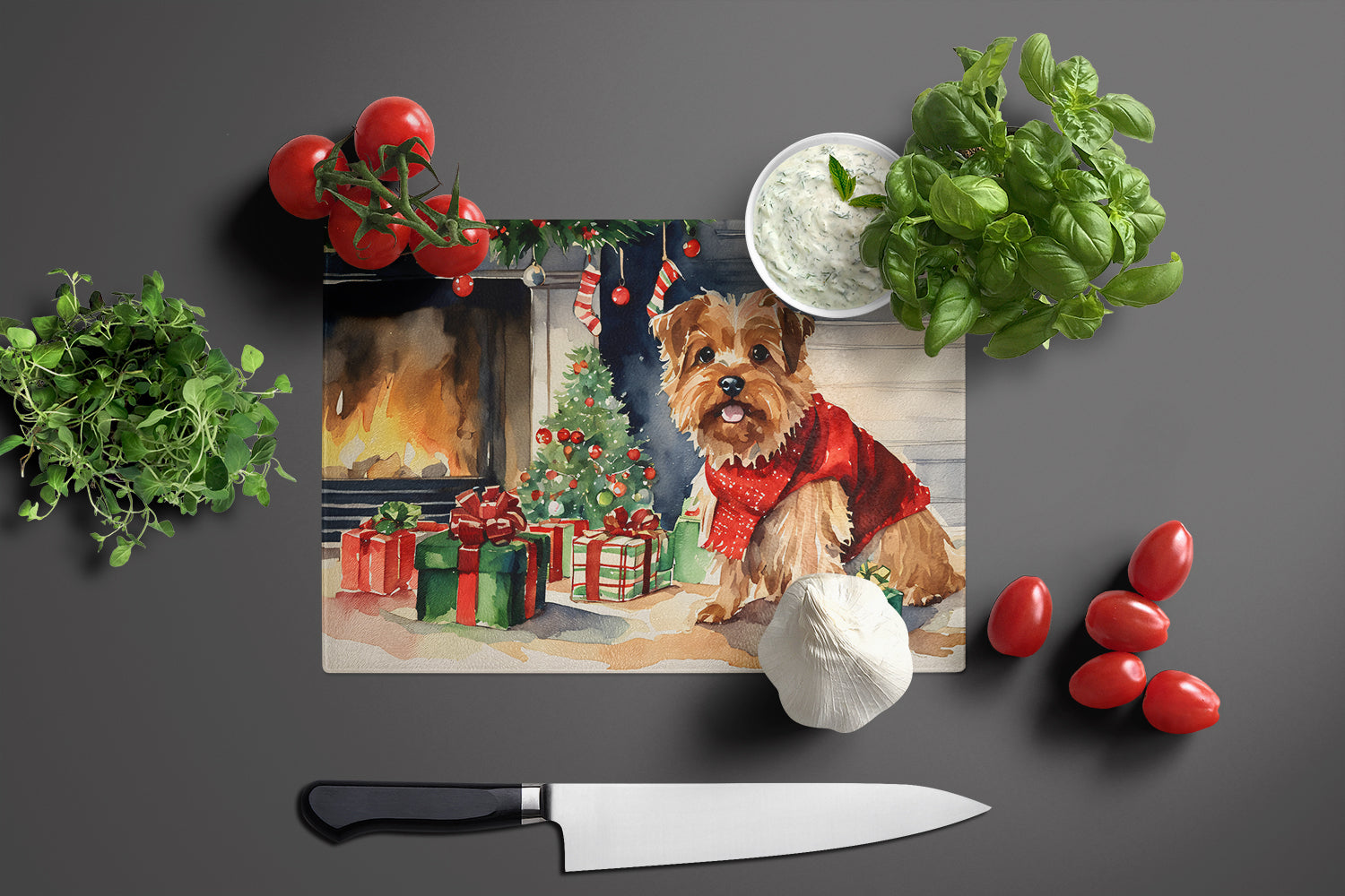 Norfolk Terrier Cozy Christmas Cutting Board Tempered Glass Kitchen Cutting Surface, Heat Resistant Chopping, Non-Slip Feet, Food Prep & Serving