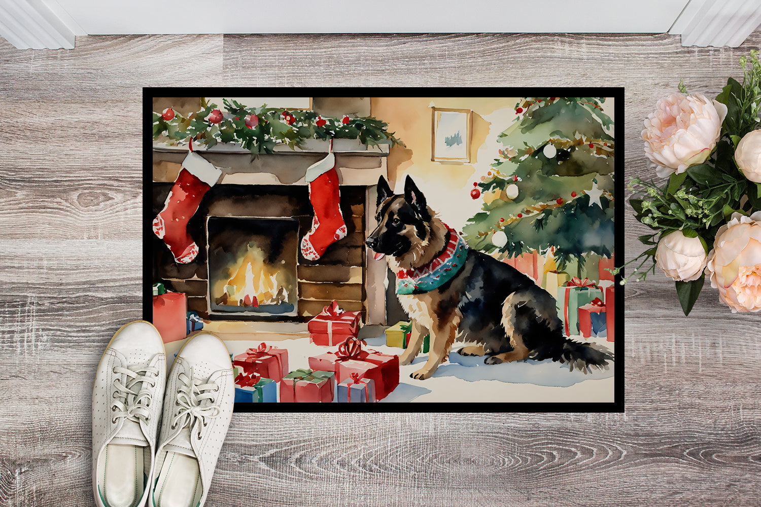 Norwegian Buhund Cozy Christmas Doormat Indoor Outdoor 18H X 27W Front Door Mat Rugs for Entryway, Non Slip Washable