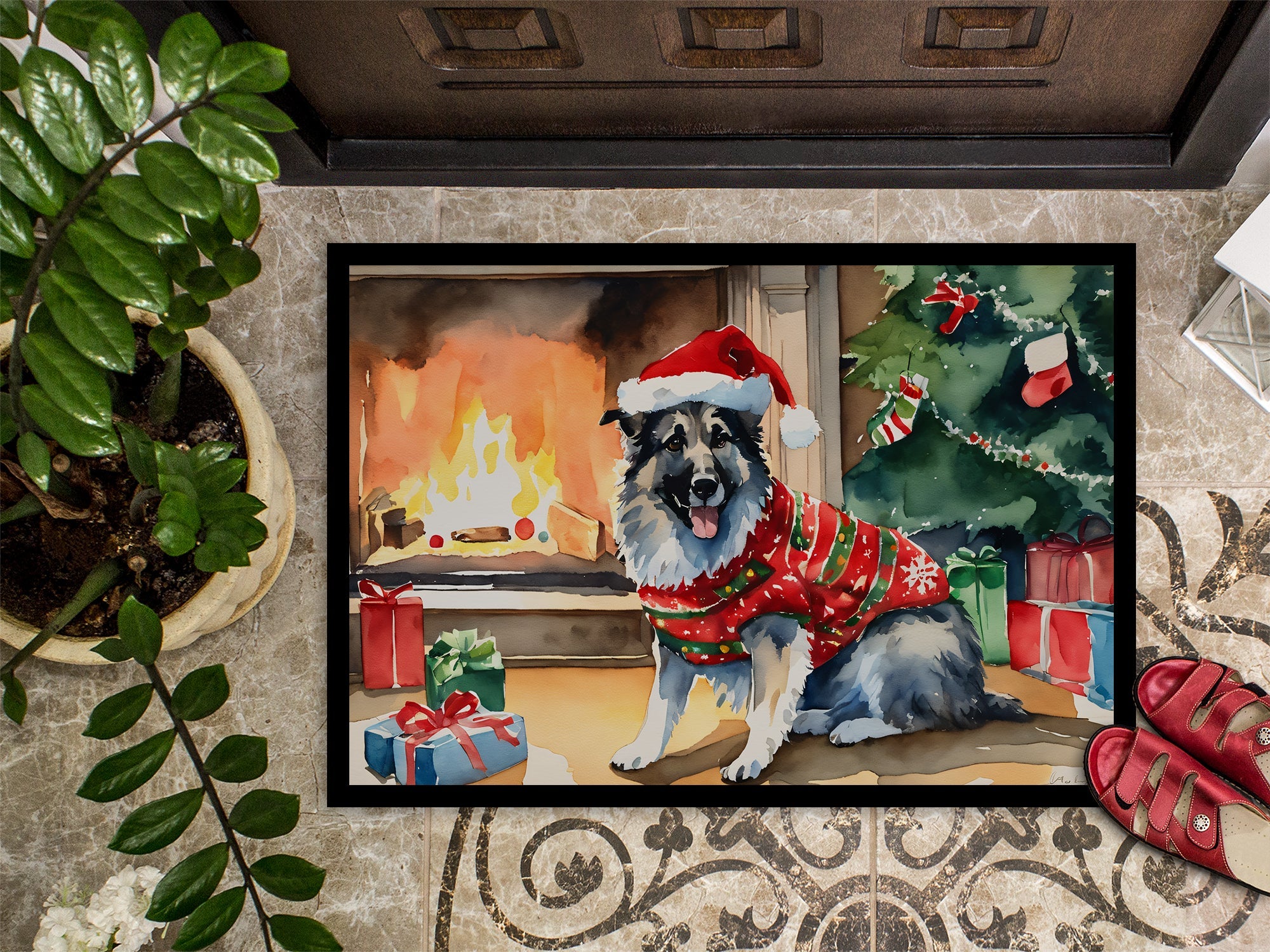 Norwegian Elkhound Cozy Christmas Doormat Indoor Outdoor 18H X 27W Front Door Mat Rugs for Entryway, Non Slip Washable