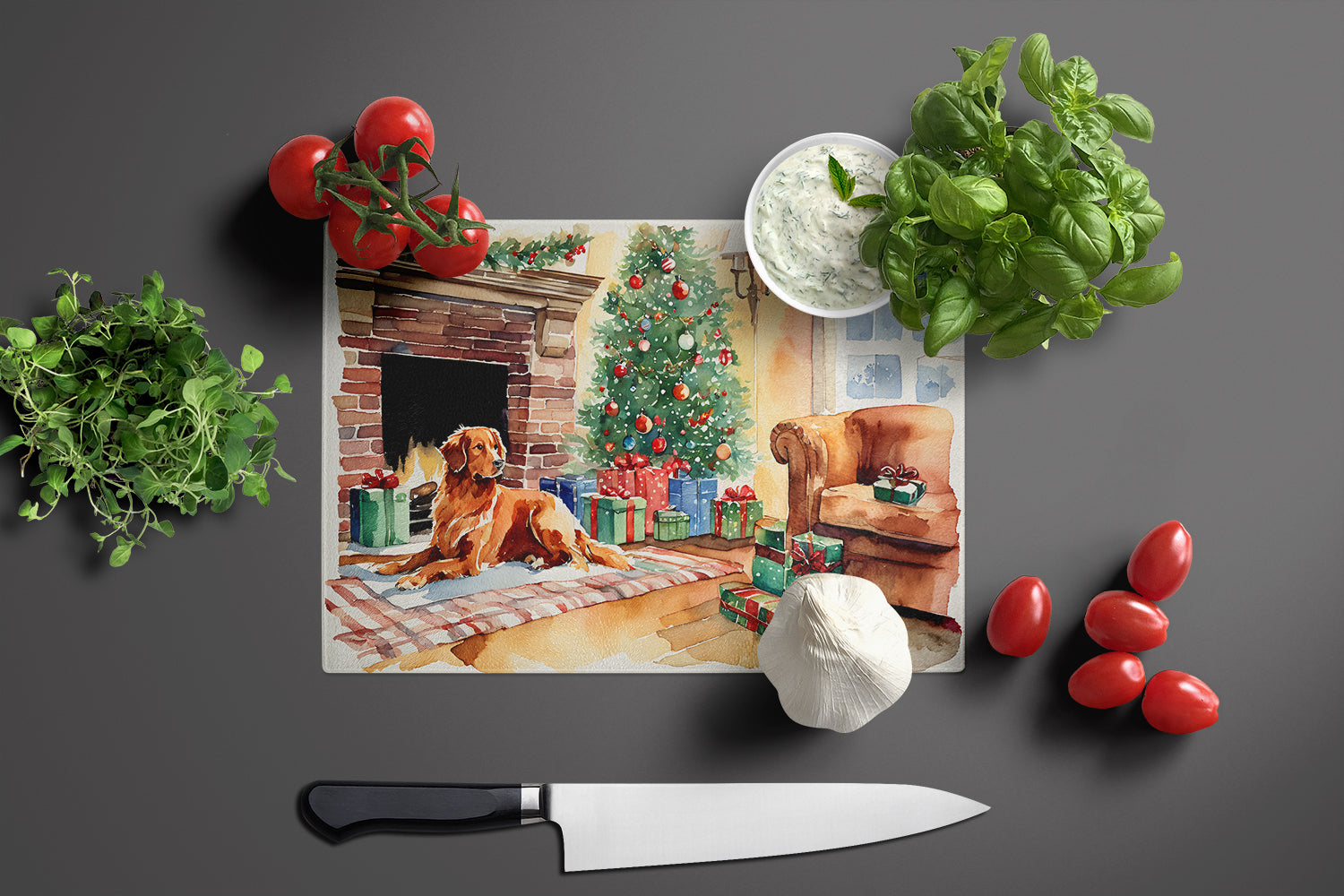 Nova Scotia Duck Tolling Retriever Cozy Christmas Cutting Board Tempered Glass Kitchen Cutting Surface, Heat Resistant Chopping, Non-Slip Feet, Food Prep & Serving