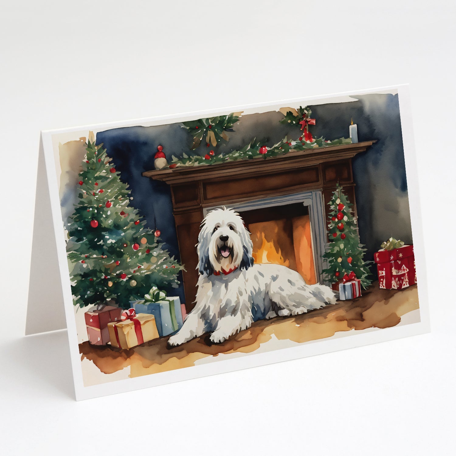 Old English Sheepdog Cozy Christmas Greeting Cards Pack of 8 Blank Cards with Envelopes Whimsical A7 Size 5x7