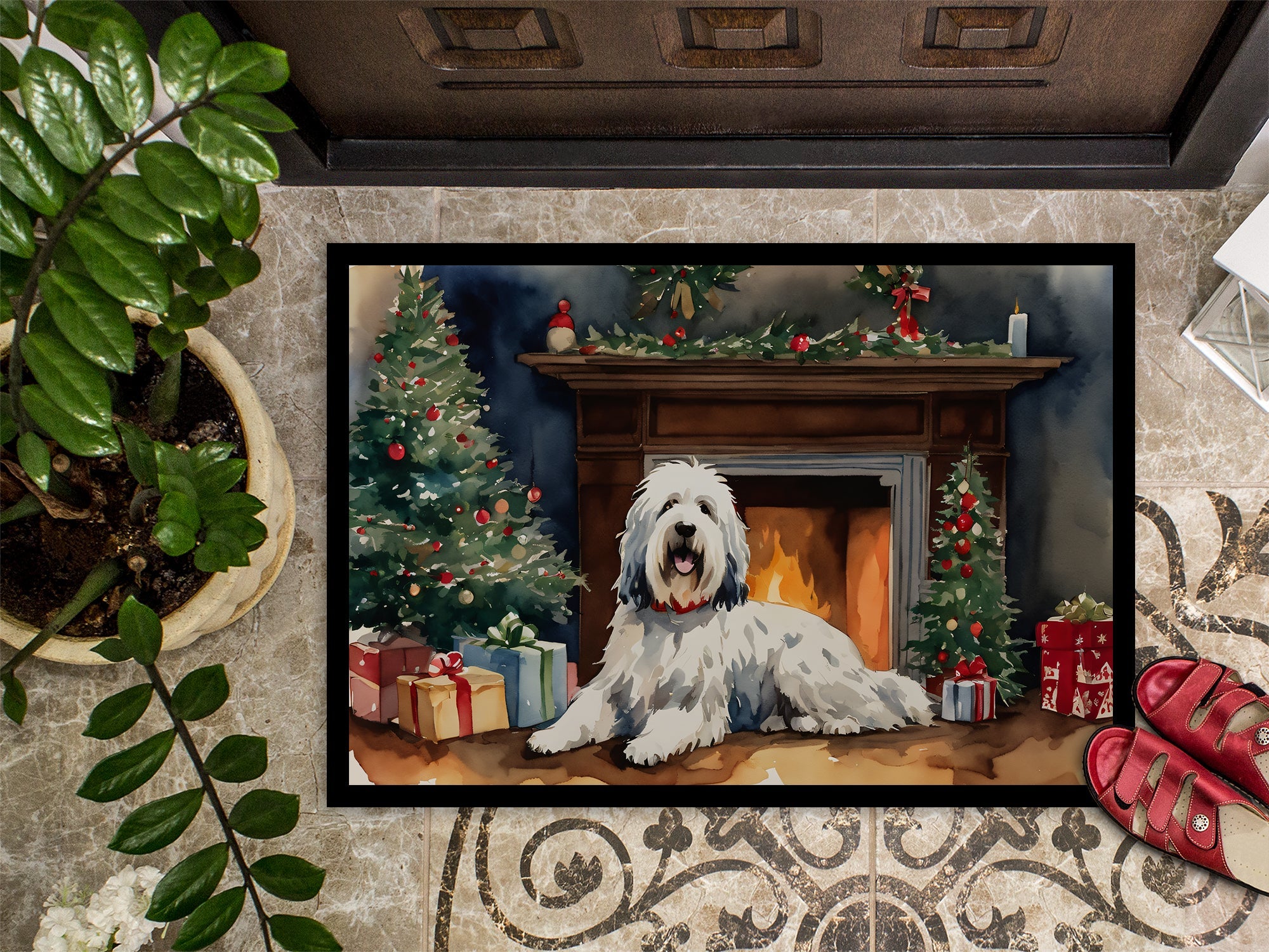 Old English Sheepdog Cozy Christmas Doormat Indoor Outdoor 24H X 36W Front Door Mat Rugs for Entryway, Non Slip Washable Low Pile,