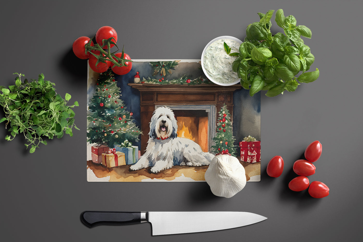 Old English Sheepdog Cozy Christmas Cutting Board Tempered Glass Kitchen Cutting Surface, Heat Resistant Chopping, Non-Slip Feet, Food Prep & Serving