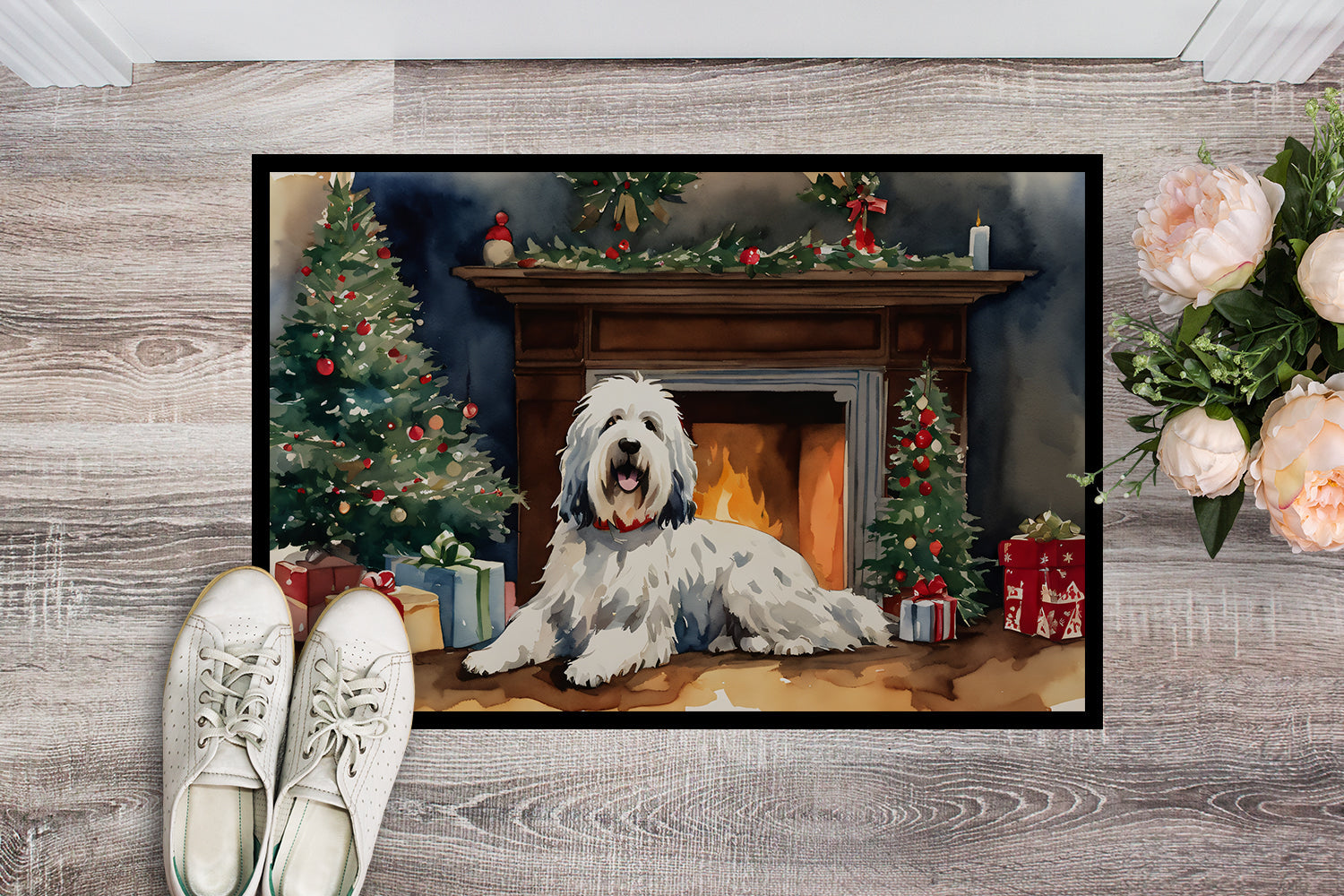 Old English Sheepdog Cozy Christmas Doormat Indoor Outdoor 18H X 27W Front Door Mat Rugs for Entryway, Non Slip Washable