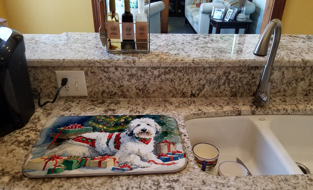 Old English Sheepdog Cozy Christmas Dish Drying Mat Absorbent Dish Drying Mat Pad for Kitchen Counter Dish Drainer Mat for Countertop, 14 x 21", Multicolor