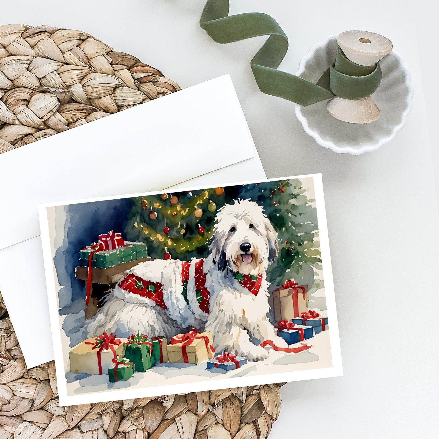 Old English Sheepdog Cozy Christmas Greeting Cards Pack of 8 Blank Cards with Envelopes Whimsical A7 Size 5x7