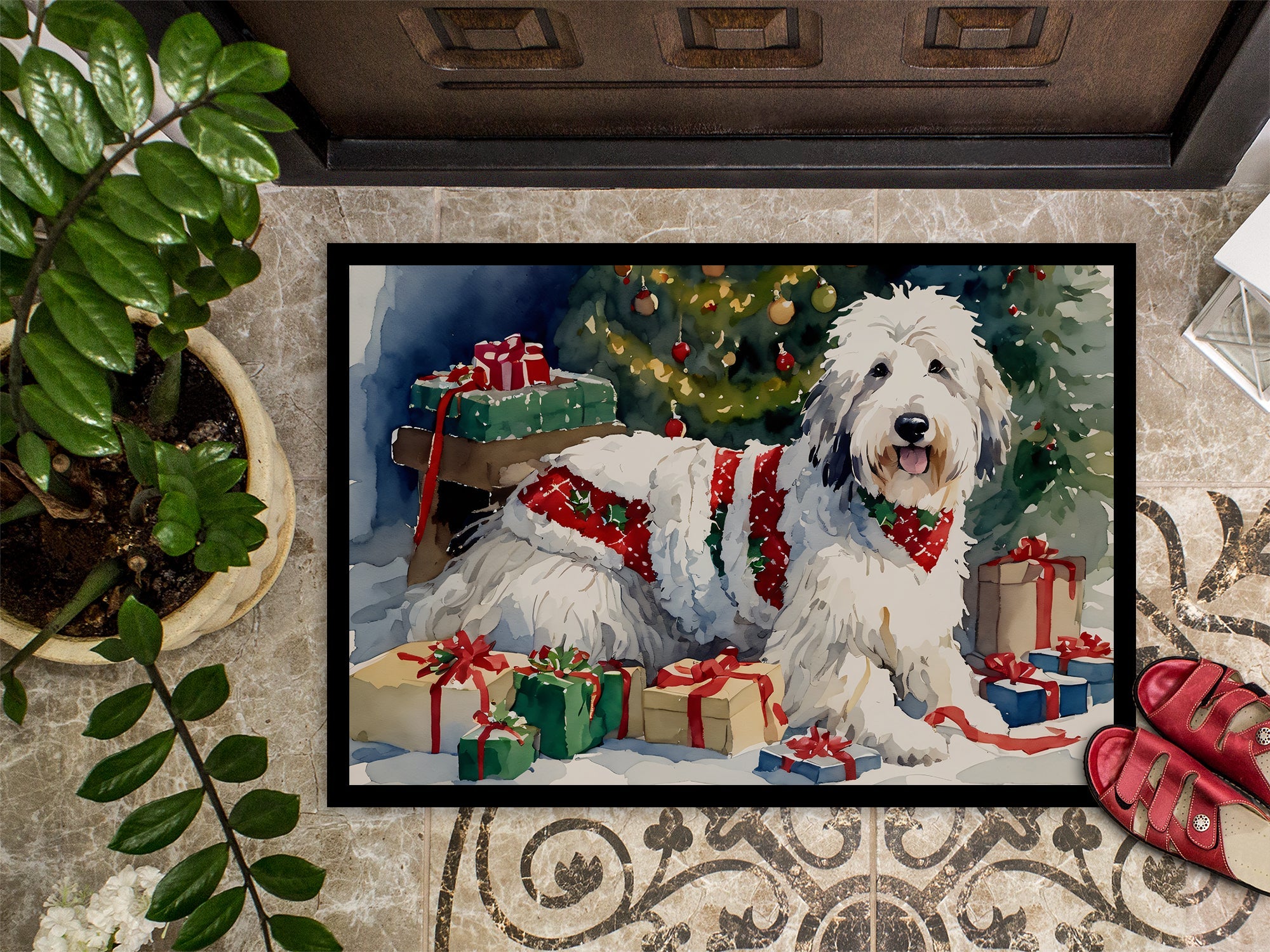 Old English Sheepdog Cozy Christmas Doormat Indoor Outdoor 24H X 36W Front Door Mat Rugs for Entryway, Non Slip Washable Low Pile,