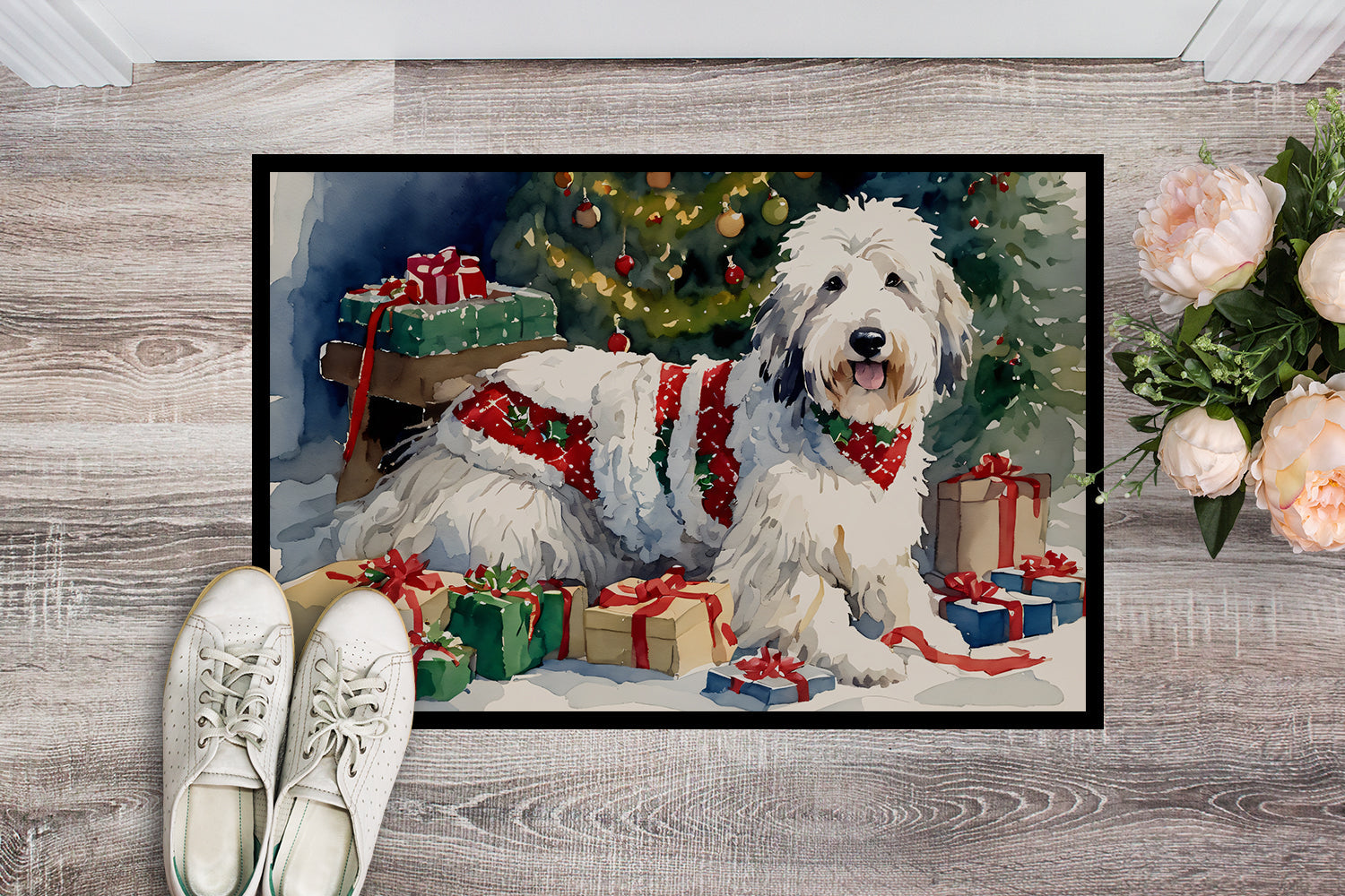 Old English Sheepdog Cozy Christmas Doormat Indoor Outdoor 18H X 27W Front Door Mat Rugs for Entryway, Non Slip Washable