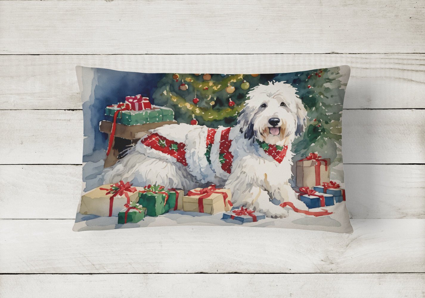 Old English Sheepdog Cozy Christmas Decorative Throw Pillow 12x16 Indoor Outdoor Accent Cushion, Fabric Cover with Insert for Sofa, Bed, Porch & Living Room