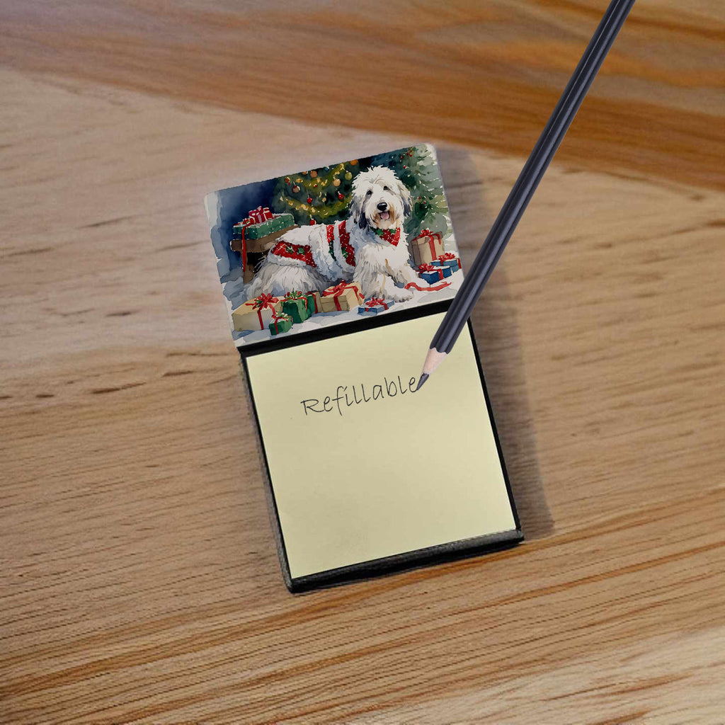 Old English Sheepdog Cozy Christmas Watercolor Sticky Note Holder Refillable Dispenser Desk Accessory 3x3 Pad Gift