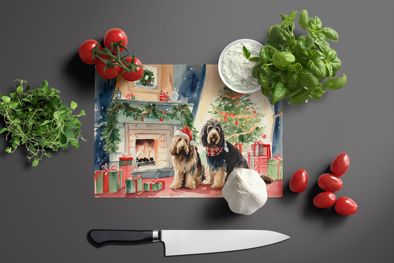 Otterhound Cozy Christmas Cutting Board Tempered Glass Kitchen Cutting Surface, Heat Resistant Chopping, Non-Slip Feet, Food Prep & Serving