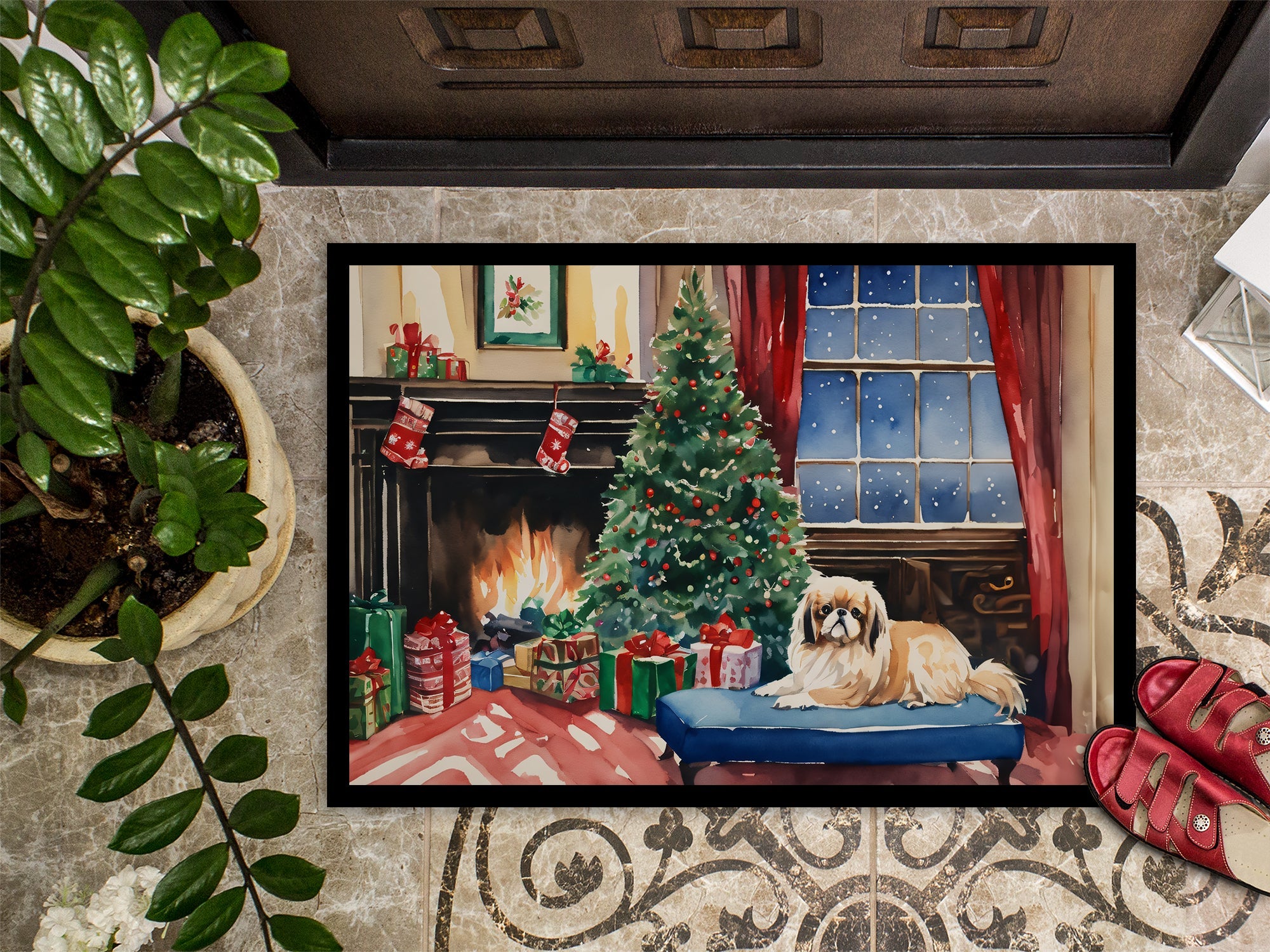 Pekingese Cozy Christmas Doormat Indoor Outdoor 24H X 36W Front Door Mat Rugs for Entryway, Non Slip Washable Low Pile,