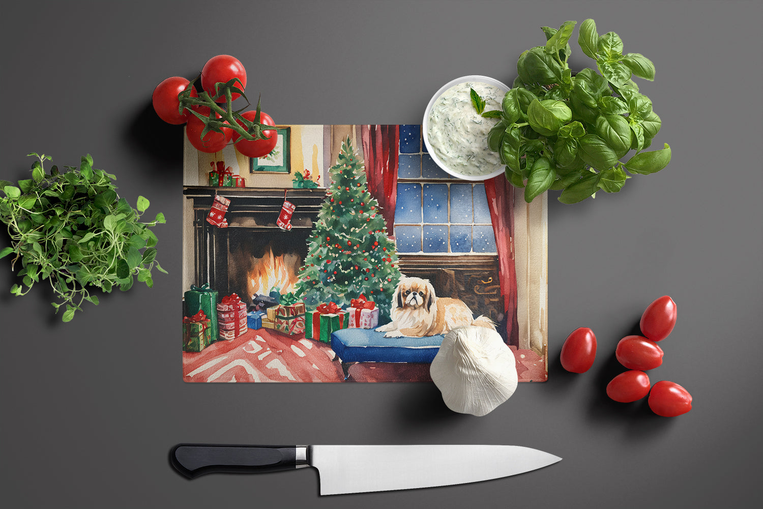 Pekingese Cozy Christmas Cutting Board Tempered Glass Kitchen Cutting Surface, Heat Resistant Chopping, Non-Slip Feet, Food Prep & Serving