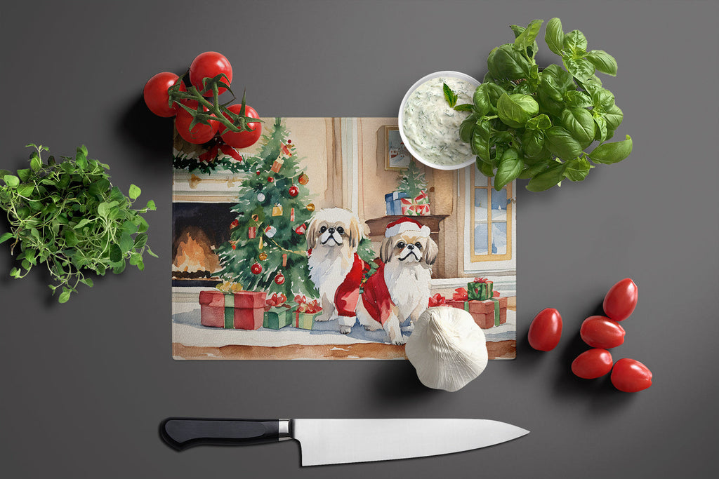 Pekingese Cozy Christmas Cutting Board Tempered Glass Kitchen Cutting Surface, Heat Resistant Chopping, Non-Slip Feet, Food Prep & Serving