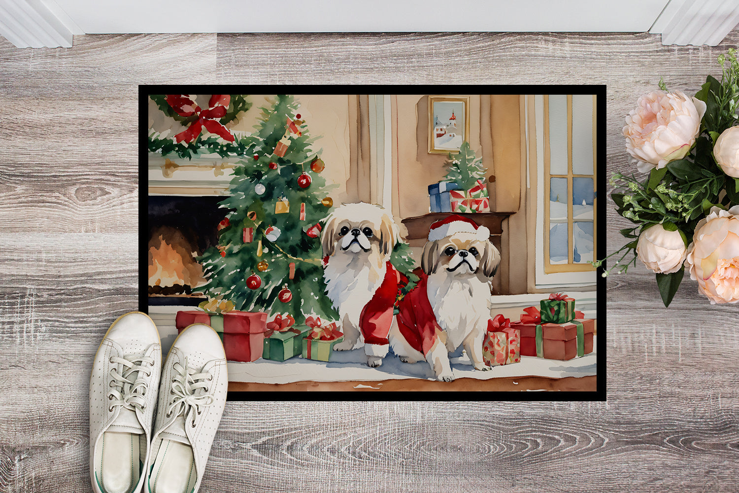 Pekingese Cozy Christmas Doormat Indoor Outdoor 18H X 27W Front Door Mat Rugs for Entryway, Non Slip Washable