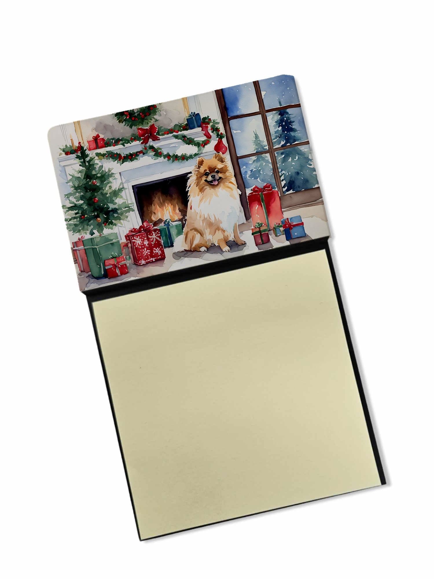 Pomeranian Cozy Christmas Watercolor Sticky Note Holder Refillable Dispenser Desk Accessory 3x3 Pad Gift
