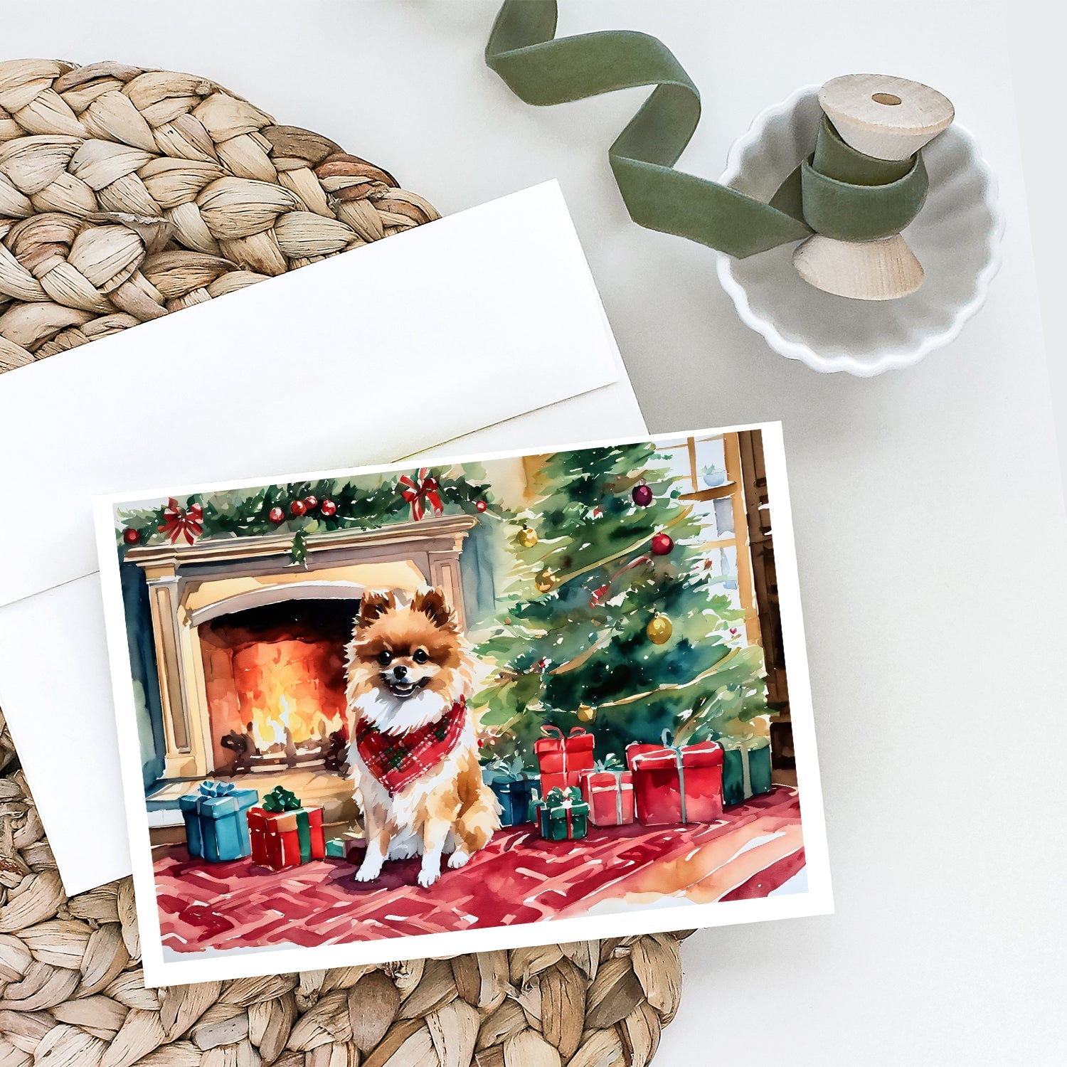 Pomeranian Cozy Christmas Greeting Cards Pack of 8 Blank Cards with Envelopes Whimsical A7 Size 5x7