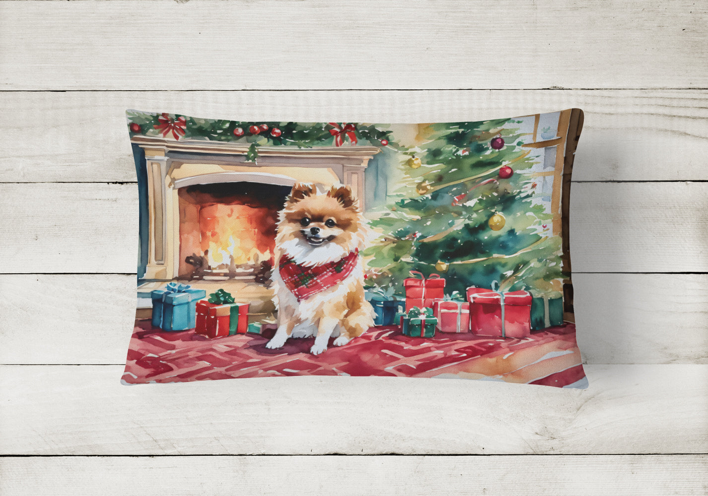 Pomeranian Cozy Christmas Decorative Throw Pillow 12x16 Indoor Outdoor Accent Cushion, Fabric Cover with Insert for Sofa, Bed, Porch & Living Room
