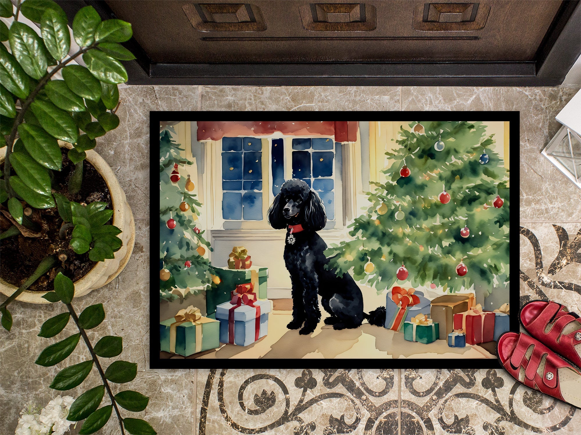 Poodle Cozy Christmas Doormat Indoor Outdoor 24H X 36W Front Door Mat Rugs for Entryway, Non Slip Washable Low Pile,