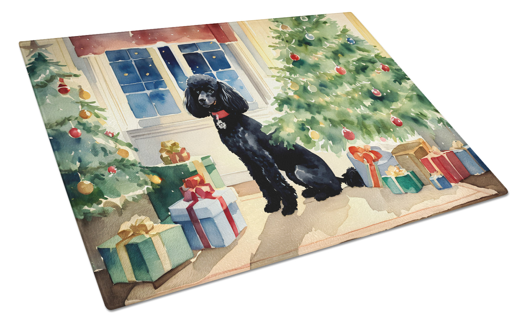 Poodle Cozy Christmas Cutting Board Tempered Glass Kitchen Cutting Surface, Heat Resistant Chopping, Non-Slip Feet, Food Prep & Serving