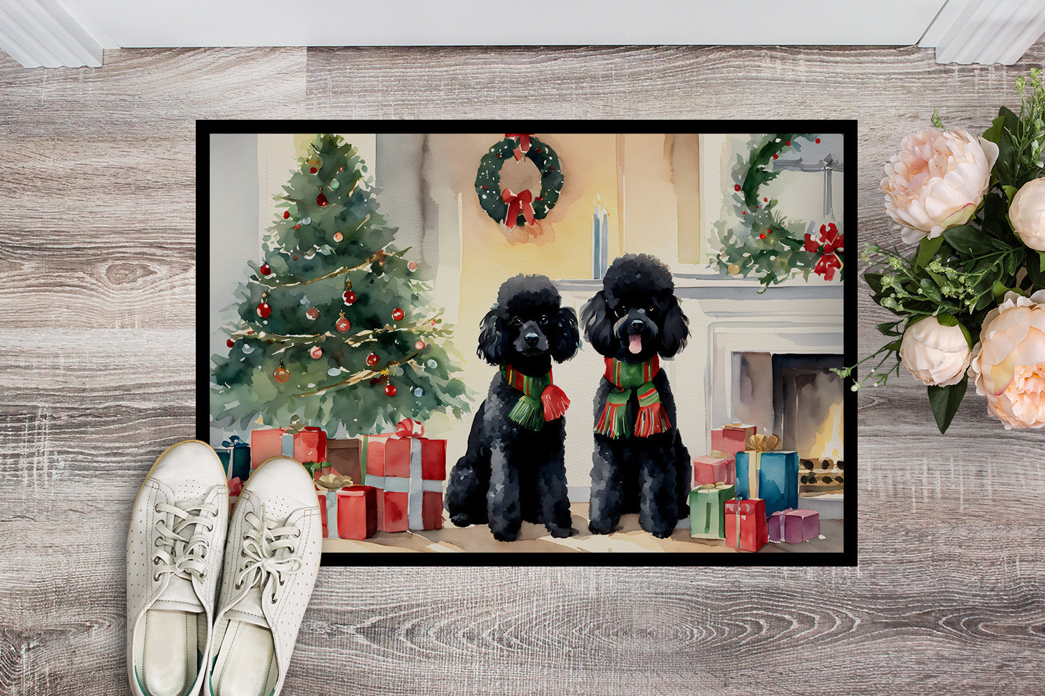Poodle Cozy Christmas Doormat Indoor Outdoor 18H X 27W Front Door Mat Rugs for Entryway, Non Slip Washable