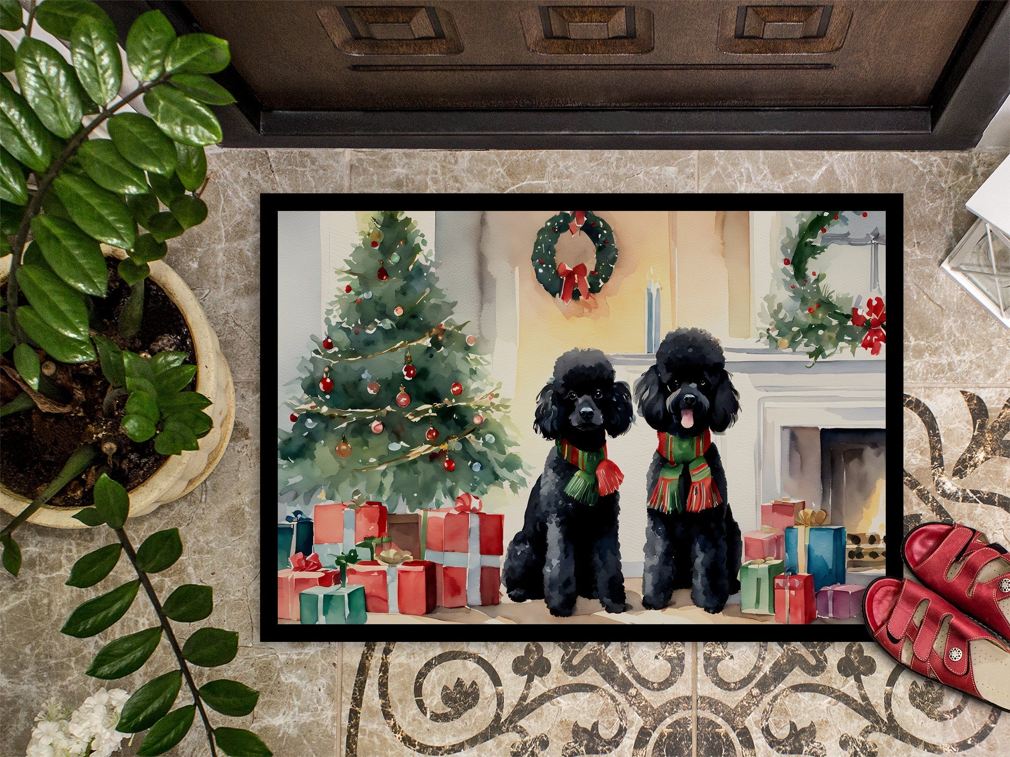 Poodle Cozy Christmas Doormat Indoor Outdoor 18H X 27W Front Door Mat Rugs for Entryway, Non Slip Washable