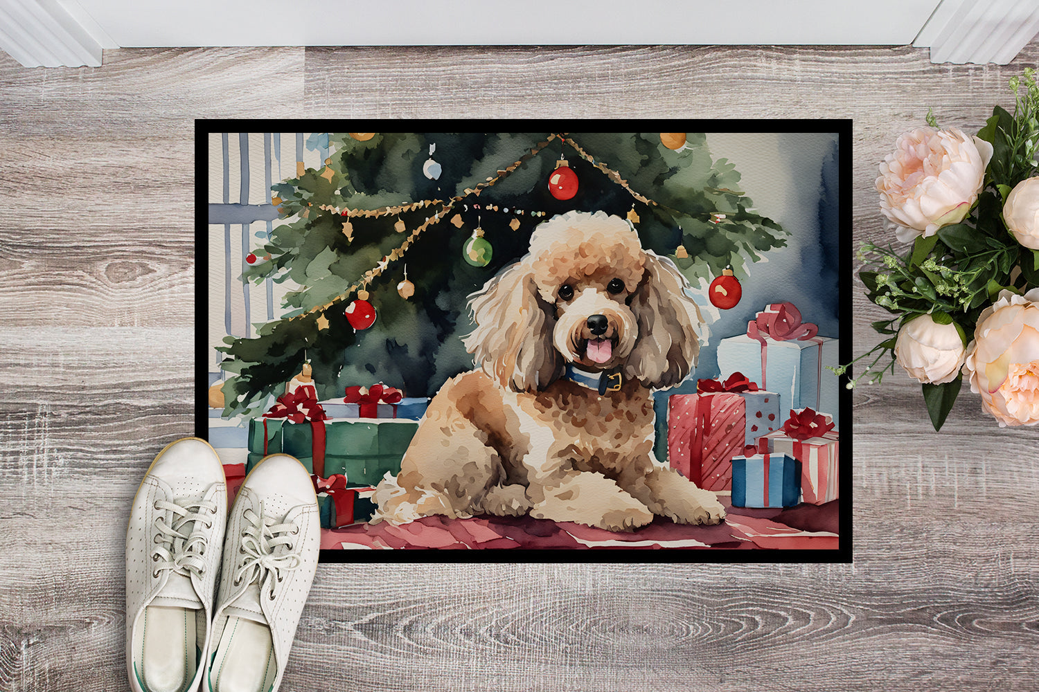 Poodle Cozy Christmas Doormat Indoor Outdoor 18H X 27W Front Door Mat Rugs for Entryway, Non Slip Washable