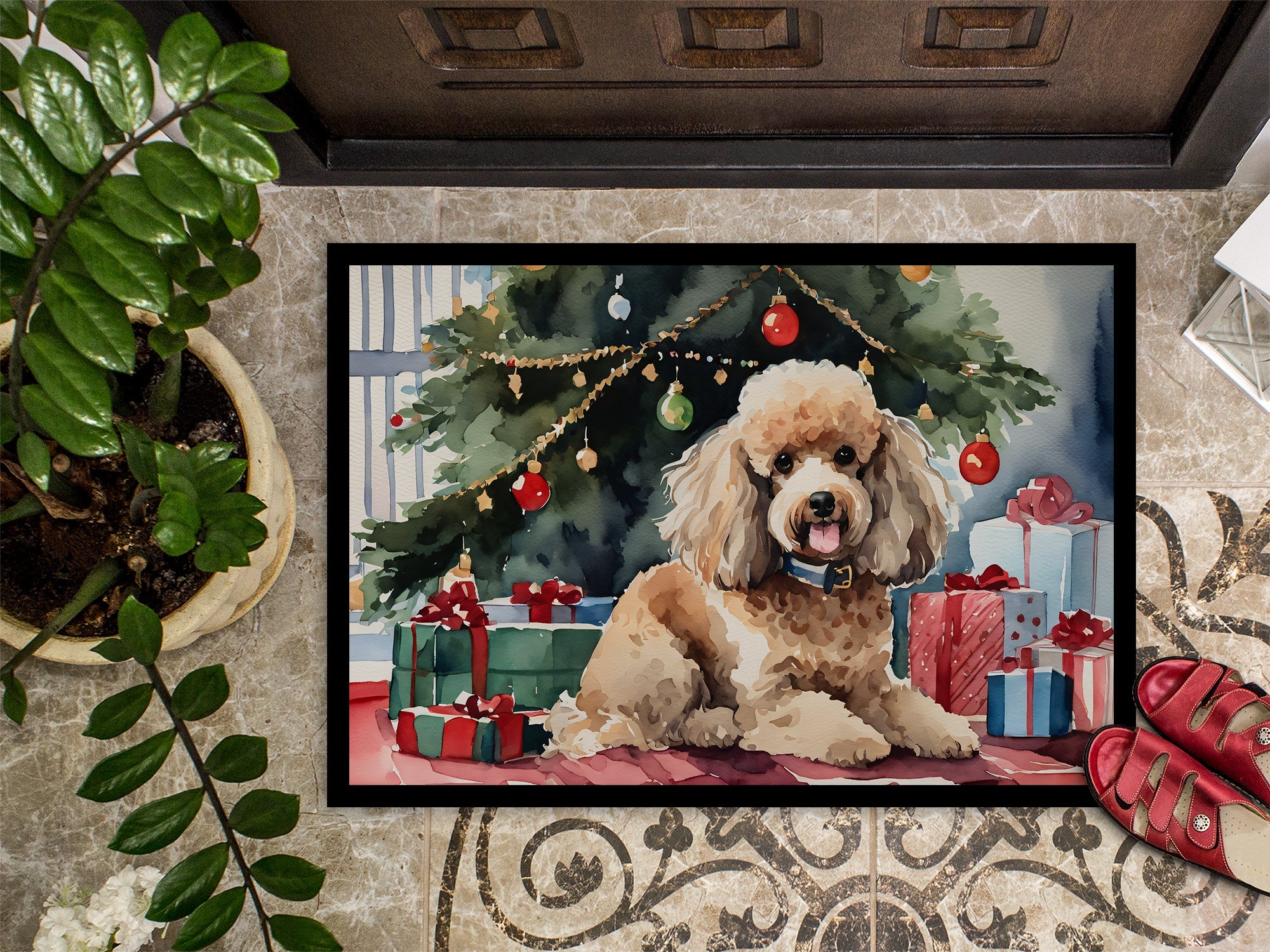 Poodle Cozy Christmas Doormat Indoor Outdoor 18H X 27W Front Door Mat Rugs for Entryway, Non Slip Washable