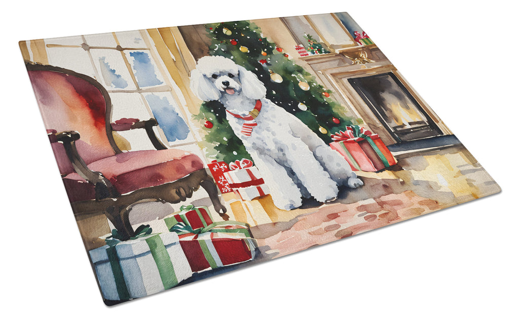Poodle Cozy Christmas Cutting Board Tempered Glass Kitchen Cutting Surface, Heat Resistant Chopping, Non-Slip Feet, Food Prep & Serving
