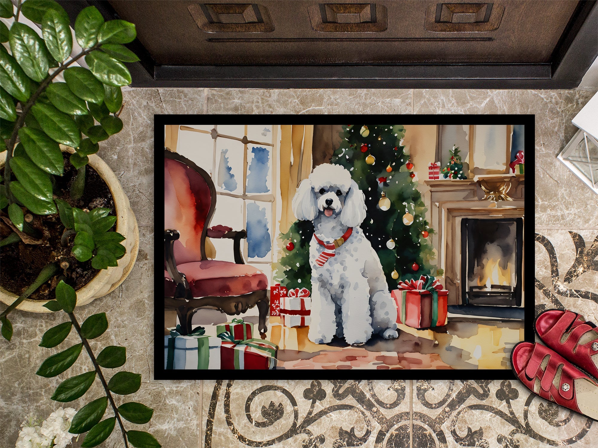 Poodle Cozy Christmas Doormat Indoor Outdoor 18H X 27W Front Door Mat Rugs for Entryway, Non Slip Washable