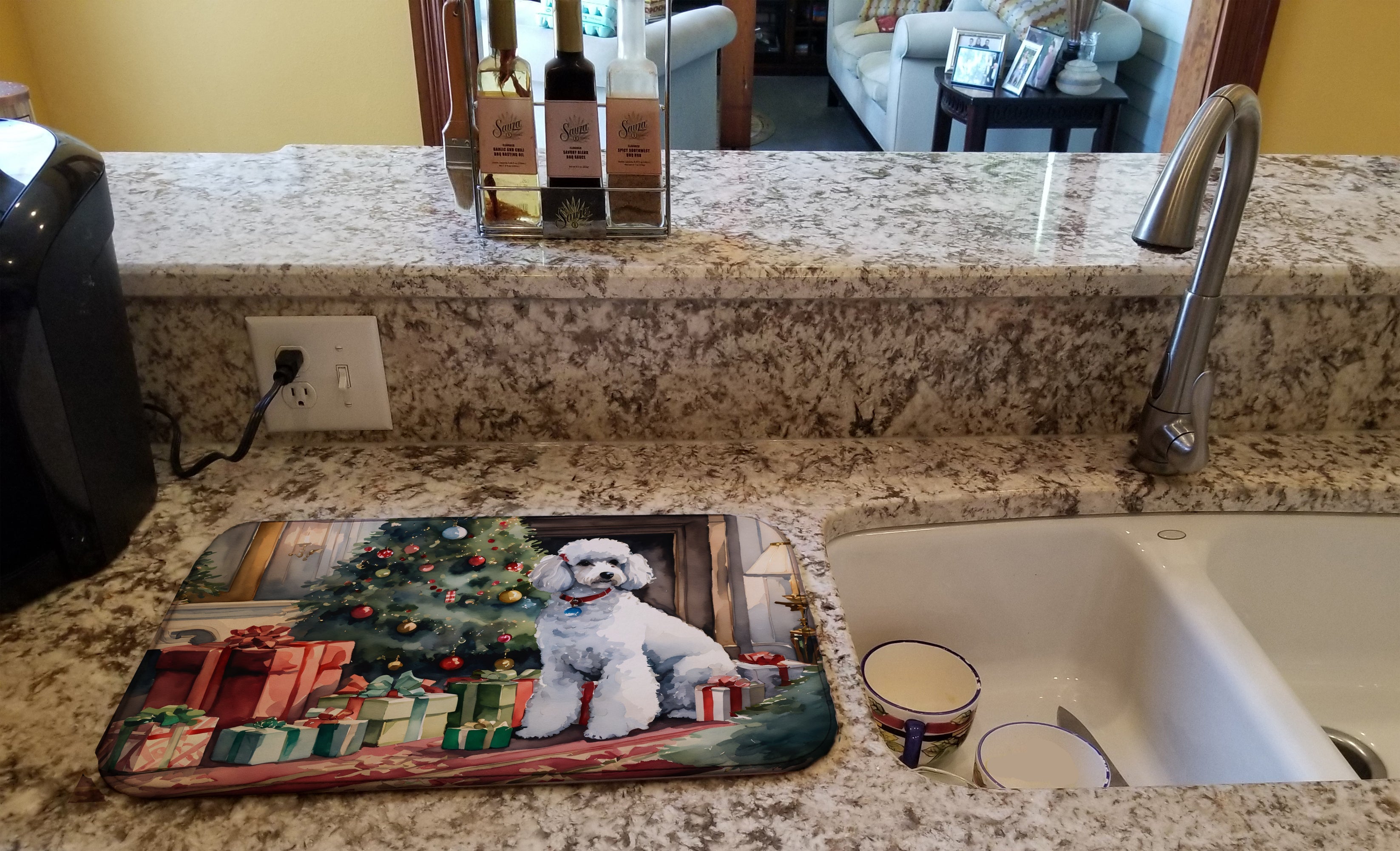 Poodle Cozy Christmas Dish Drying Mat Absorbent Dish Drying Mat Pad for Kitchen Counter Dish Drainer Mat for Countertop, 14 x 21", Multicolor