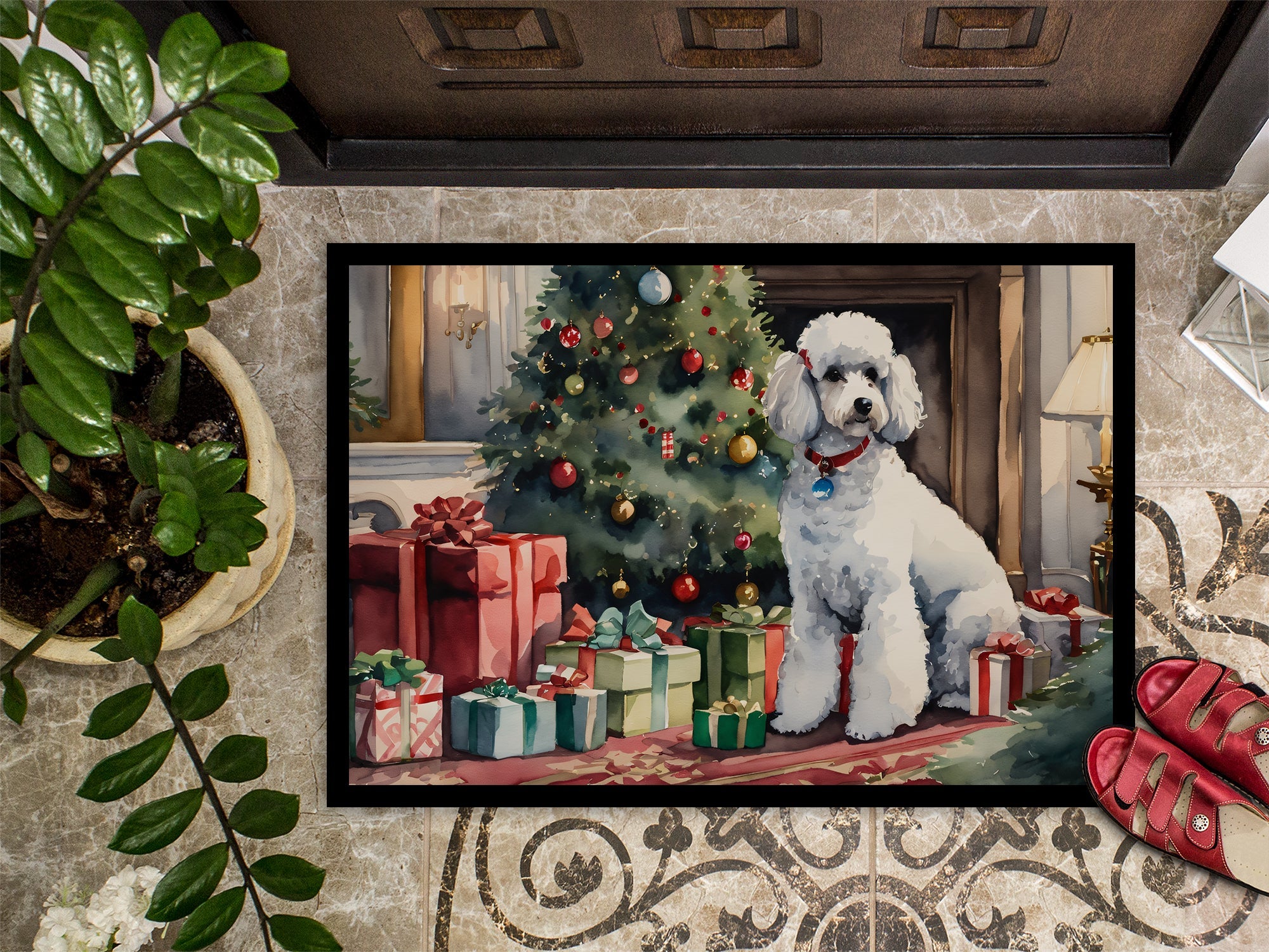 Poodle Cozy Christmas Doormat Indoor Outdoor 24H X 36W Front Door Mat Rugs for Entryway, Non Slip Washable Low Pile,