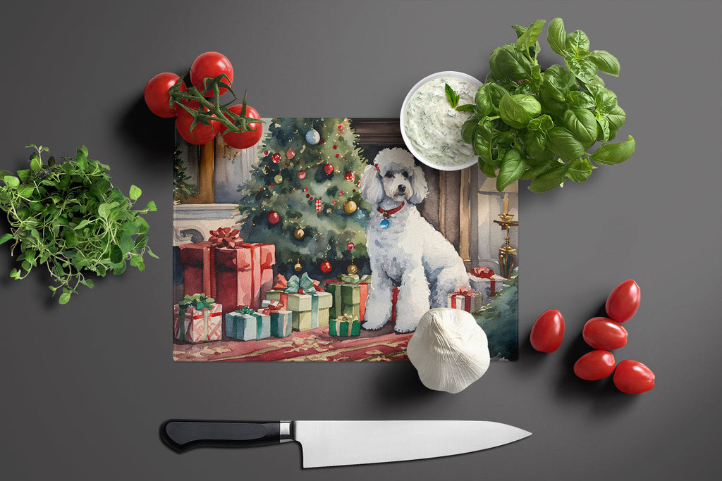 Poodle Cozy Christmas Cutting Board Tempered Glass Kitchen Cutting Surface, Heat Resistant Chopping, Non-Slip Feet, Food Prep & Serving