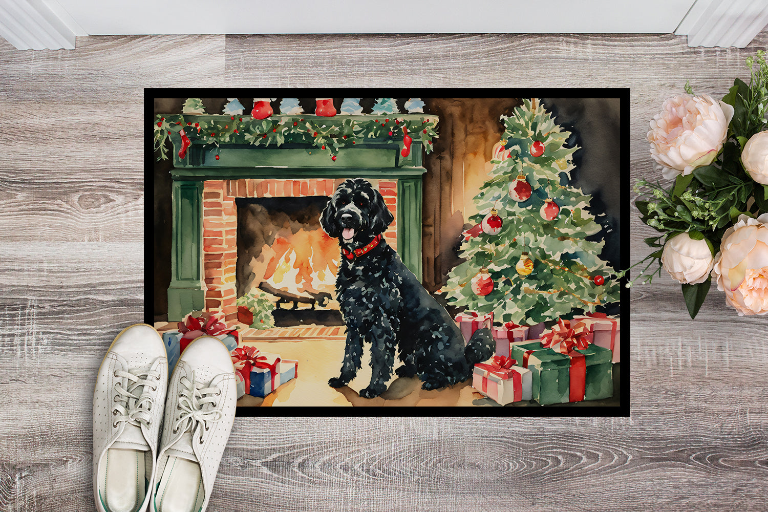 Portuguese Water Dog Cozy Christmas Doormat Indoor Outdoor 24H X 36W Front Door Mat Rugs for Entryway, Non Slip Washable Low Pile,