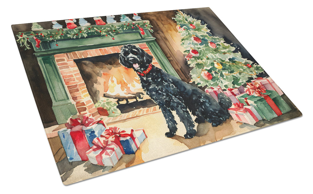 Portuguese Water Dog Cozy Christmas Cutting Board Tempered Glass Kitchen Cutting Surface, Heat Resistant Chopping, Non-Slip Feet, Food Prep & Serving