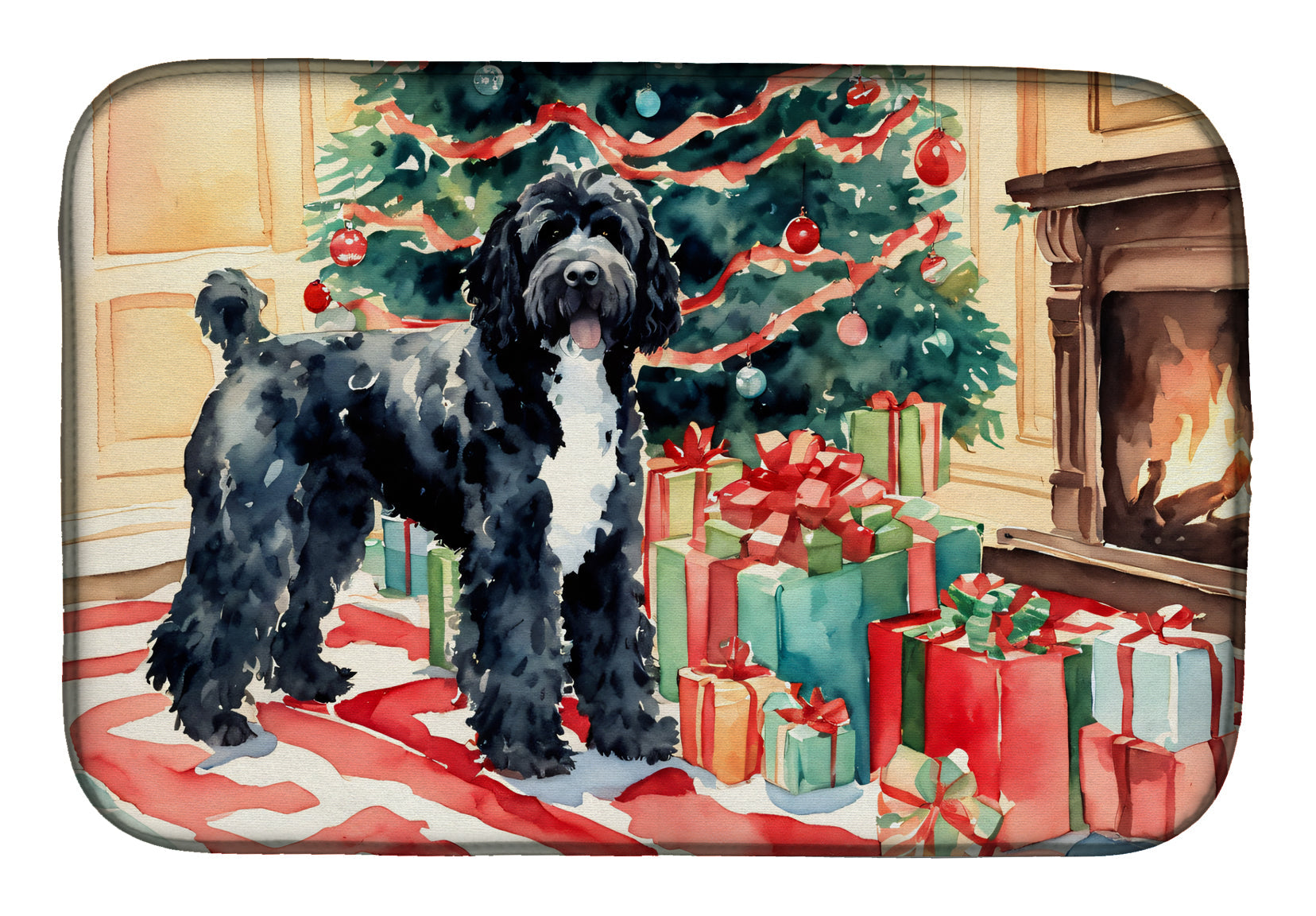 Portuguese Water Dog Cozy Christmas Dish Drying Mat Absorbent Dish Drying Mat Pad for Kitchen Counter Dish Drainer Mat for Countertop, 14 x 21", Multicolor